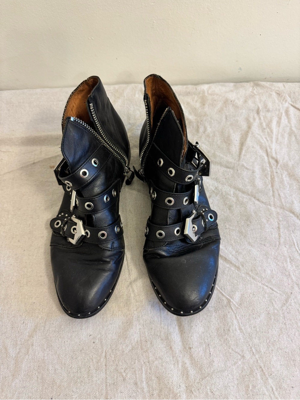 Black Leather Buckle & Stud Ankle Boots